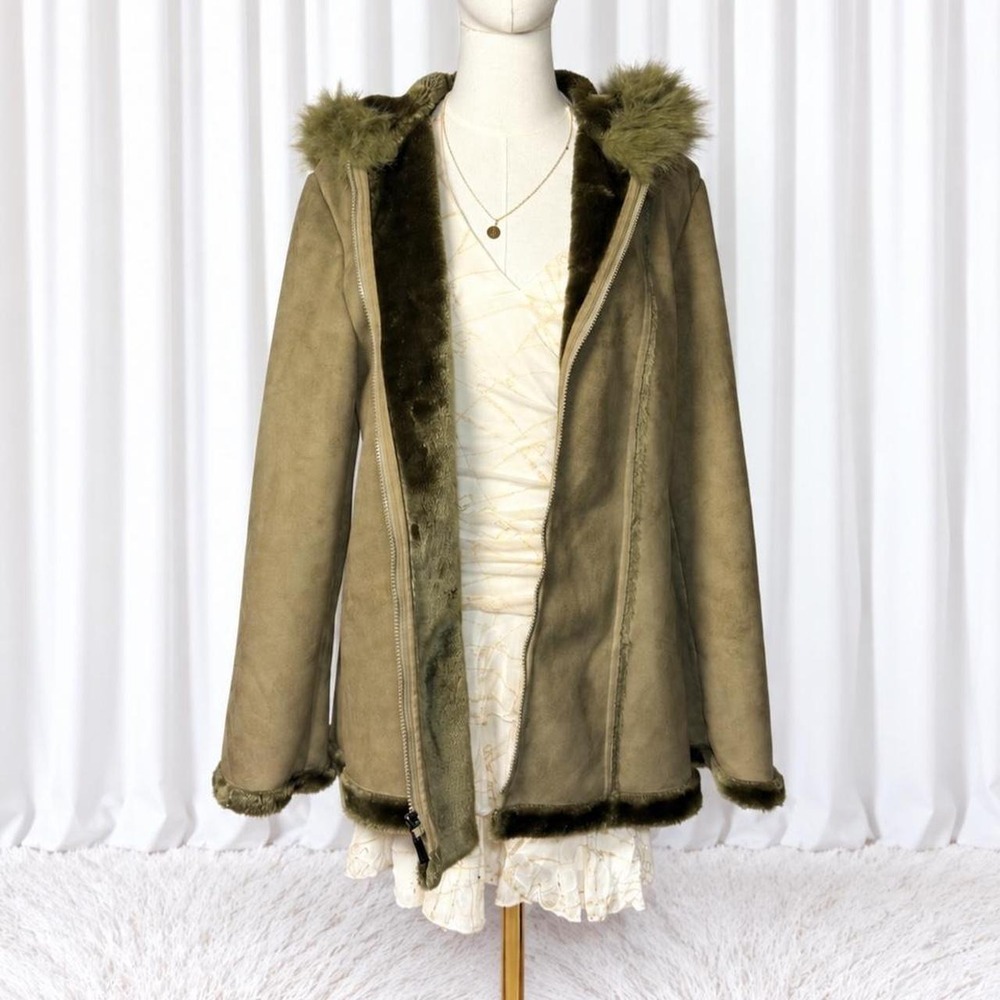Y2K Gloria Vanderbilt Olive Faux Suede Fur Hooded Coat